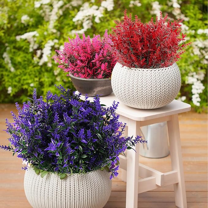 RECUTMS Artificial Plants Outdoor,8 Pcs Faux Flowers for Outdoor Planters | Pink Artificial Flowers Lavender Bouquet Fake Greenery Stems in Fake Bushes Arrangement,Spring Fall Flower Plants Home Decor