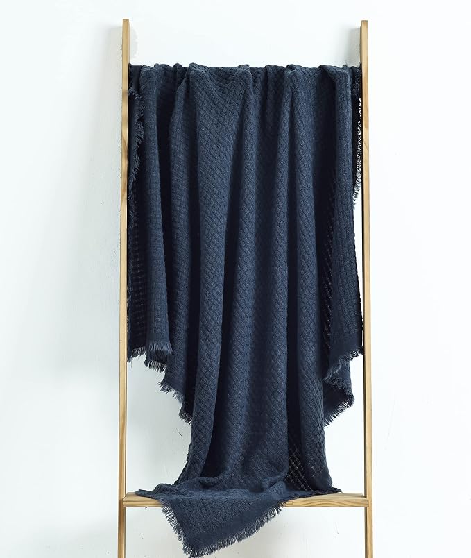 CREVENT Farmhouse Waffle Knit Throw Blanket for Couch Sofa Chair Bed Home Decoration, Soft Warm Cozy Light Weight for Spring Summer Fall (50''X60'' Navy Blue)