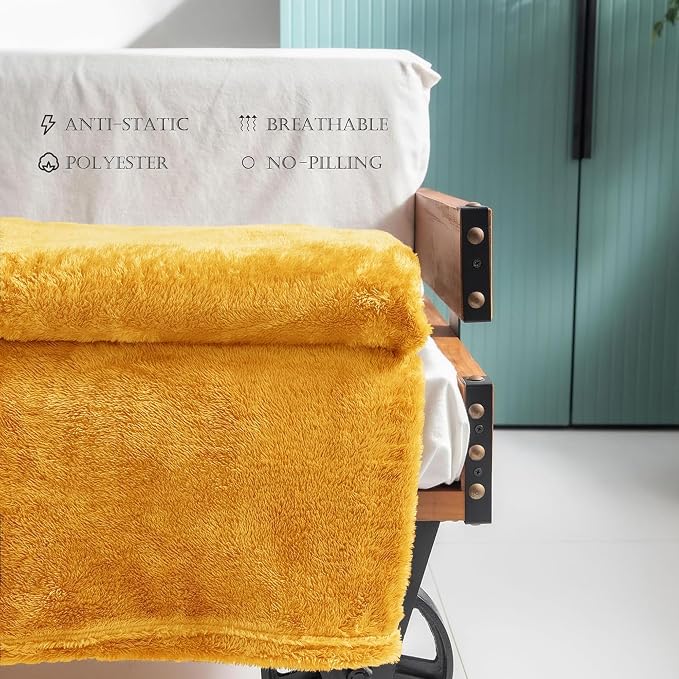 Exclusivo Mezcla Fuzzy Large Fleece Throw Blanket for Couch, Mustard Yellow | 50x70 Inches, Super Soft and Cozy Throw, Plush Fluffy Blanket for Sofa, Bed, Bedroom, Home Decor, All Season