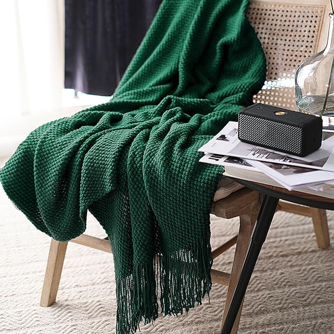 LOMAO Knitted Throw Blanket with Tassels Bubble Textured Lightweight Throws for Couch Cover Home Decor (Green, 50x60)