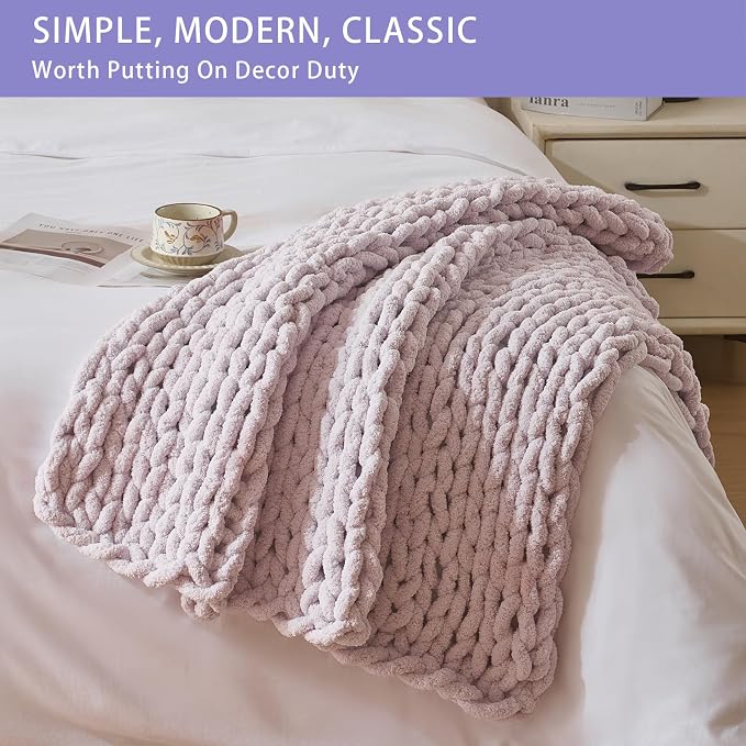 Bigacogo Chunky Knit Throw Blanket for Couch, 40x40 inches, Berry Haze | Hand Knit with Jumbo Chenille, Soft Breathable Cable Knit for Sofa Bed Living Room, Machine Washable, Gift for Mom Friend