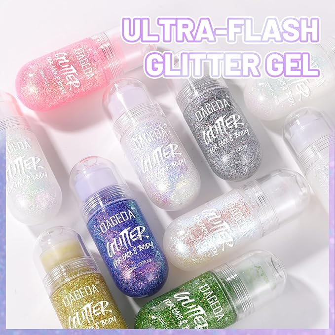 DAGEDA 2Colors Roll-on Body Glitter Gel for Body, Hair, Face, Holographic Glitter Makeup for Rave Accessories, Body Shimmer Hair Glitter Gel for Halloween Makeup(Dazzle + Sprakling Pink)