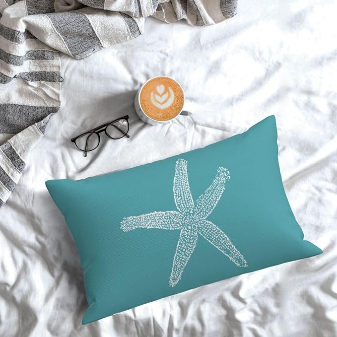 Coastal Pillow Covers 12x20 Set of 2 Aqua Teal Turquoise Coral Starfish Throw Pillows Nautical Ocean Decorations Summer Linen Beach Pillowcase Outdoor Decor Farmhouse Cushion Case for Couch