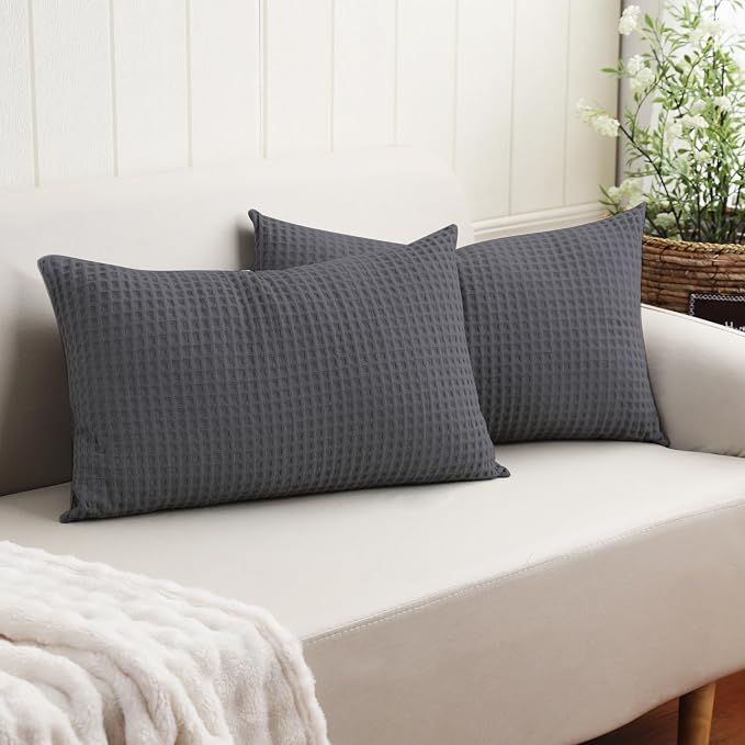 100% Egyptian Cotton 600 TC Waffle Weave Lumbar Pillow Covers 2 Pack | Ultra Soft Breathable Rectangle Throw Pillow Covers, Decorative Cushion Covers for Bed Couch Sofa Car, Dark Grey, 12" x 20"