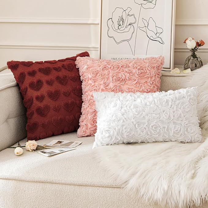 MIULEE Decorative Rose Flower Pillow Cover Pack of 1 White 12x20 Inch | Cute Romantic Stereo Chiffon Throw Pillow Cover Aesthetic Solid Pillowcase for Girl Coquette Room Decor Coach Bedroom