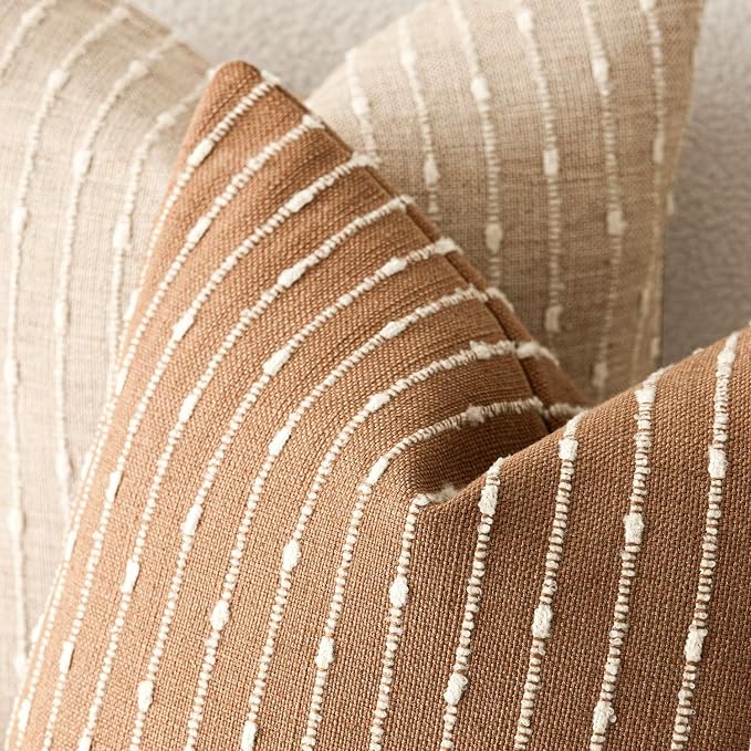 Foindtower Pack of 2 Decorative Jacquard Boucle Throw Pillow Covers Accent Textured Striped Pillowcases Soft Boho Modern Cushion for Couch Sofa Bedroom Living Room Home Decor 22x22 Inch Rust Tobacco