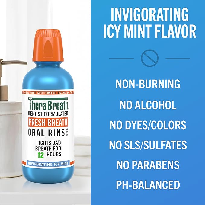TheraBreath Fresh Breath Oral Rinse, Invigorating ICY Mint Flavor, Dentist Formulated and ADA-Accepted Mouthwash for Bad Breath pH-Balanced, Alcohol Free & Non-Burning, 1 Liter
