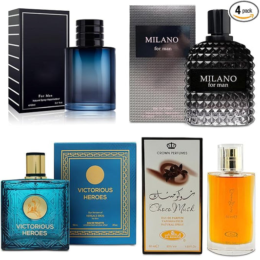 AFLUXE 4-Piece Cologne for Men Includes Choco Musk/SE/Victorious Heroes/Milano Scent of Woody, Spicy, Citrus & Aromatic eau de parfum Men Gift Set Each 100Ml for Daily Use