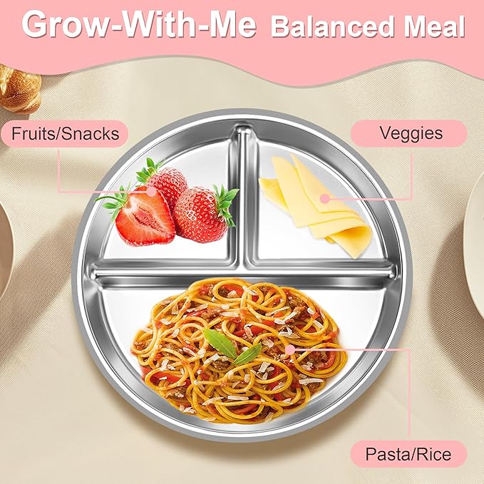 Bella's Friends Stainless Steel Toddler Plates Silicone Suction,3 Packs Non-Slip Baby Plates,Divided Portion,Food-Grade Silicone Plate for Kids,LEAD-FREE Dishwasher Safe,Grey Mint Green Pink