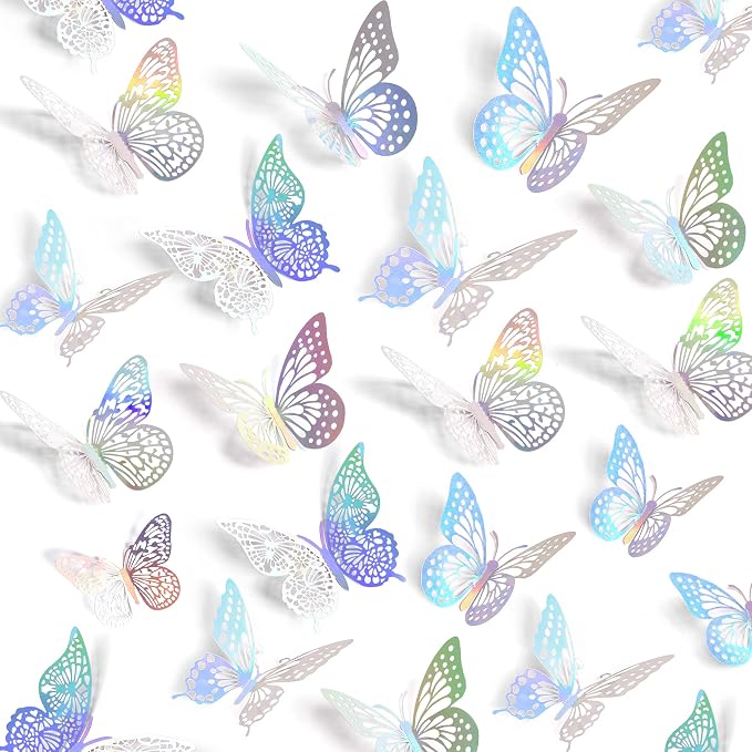 SAOROPEB 3D Butterfly Wall Decor, 72 Pcs 3 Styles 3 Sizes, Removable Metallic Wall Sticker Room Mural Decals for Kids Bedroom Nursery Classroom Party Decoration Wedding Decor DIY Gift (Laser) | 3 Styles 3 Sizes, Removable Metallic Wall Sticker Room Mur...