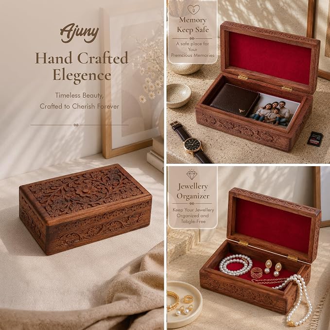 Ajuny Wooden Jewelry Box Hand Carved Flower Keepsake Chest - 8x5 Inch | Multipurpose organizer for necklaces, watches, rings and accessories; elegant birthday, wedding or anniversary present.