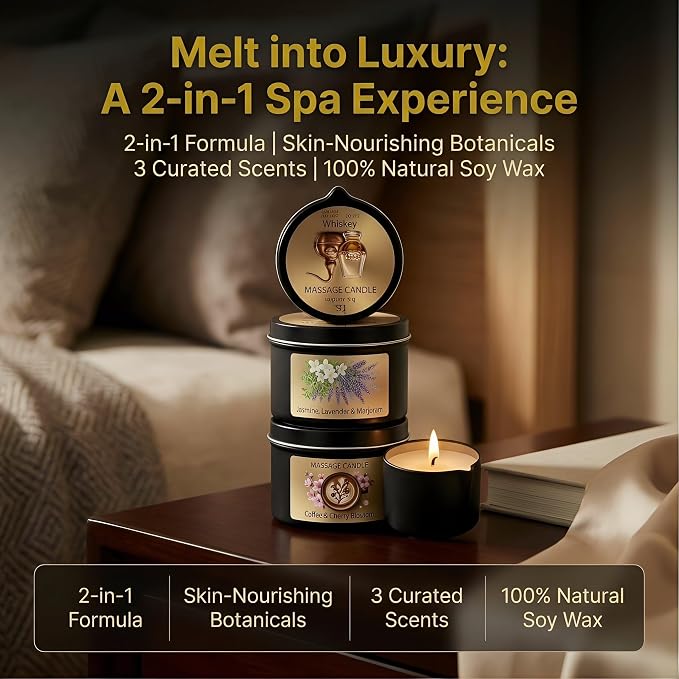 3 Pack Low Temperature Massage Candle Set, Soy Wax Melts into Nourishing Skin Oil with Jojoba & Shea Butter, for Home Spa & Relaxation, 2.35 oz - 3 Scents (Whiskey Sets)