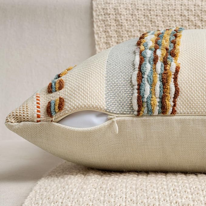 ANRODUO Boho Decorative Throw Pillow Covers 20x20 Inch Rust Blue Pack of 2 | Throw Pillow Covers, Farmhouse Cushion Case, Chenille Pillow Cases, Pillow Covers, Accent Neutral Pillowcase for Sofa Couch