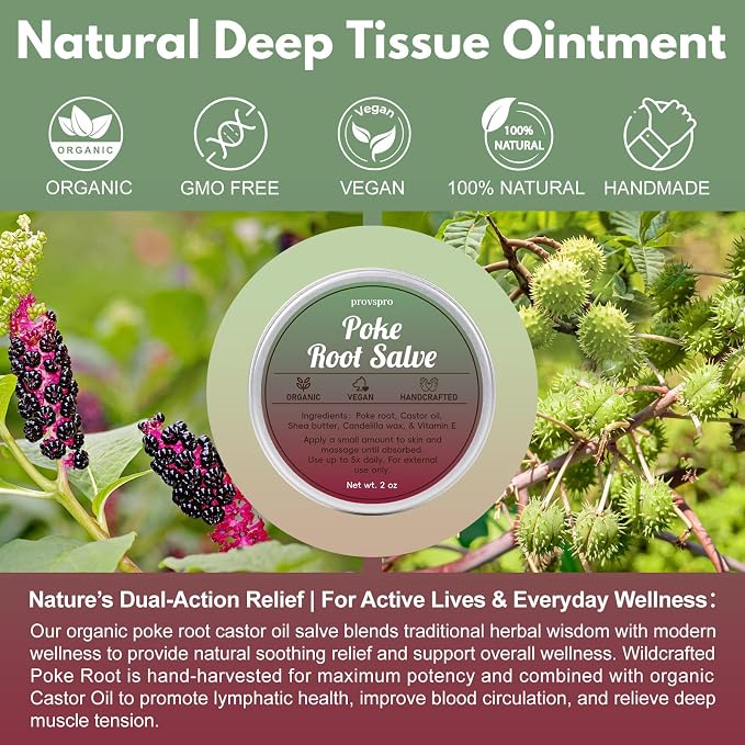 Castor Oil & Poke Root Herbal Salve, Vegan Lymphatic Support Massage Balm for Breast Care, Joint Massage, Neck, Underarms & Deep Tissue Comfort, Natural Moisturizing Body Ointment, 2oz