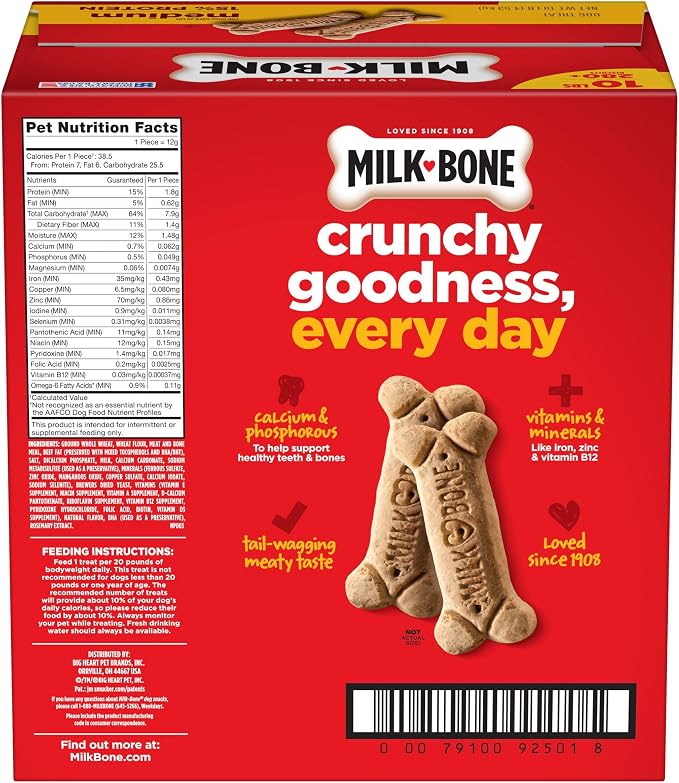 Milk-Bone Original Medium Dog Biscuits, 10 lb Box | 280+ treats, classic meaty taste, crunchy dog treats for dogs 20-50lbs, 15% protein, 12 vitamins & minerals, made in the USA