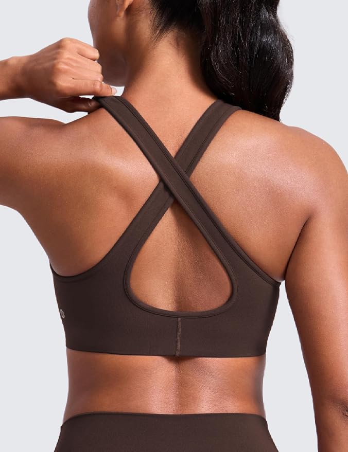 CRZ YOGA Butterlift Deep V Neck Sports Bras for Women - Padded Gym Wide Straps Cut-Out Cross Back Crop Pilates Workout Top