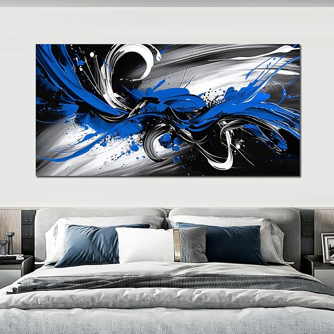 Black and White Blue Large Canvas Wall Art for Living Room Framed Print Picture Painting Bedroom Office Wall Decor Modern Room Abstract Wall Decorations Artwork Size 30x60 Ready to Hang
