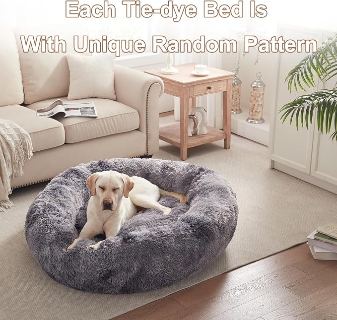 45 in Faux Fur Donut Dog Bed for Extra Large Dogs,Tie-dye Grey | Calming Plush Round Jumbo Fluffy Pet Bed with Removable & Washable Cover,Fits up to 120 lbs Pets
