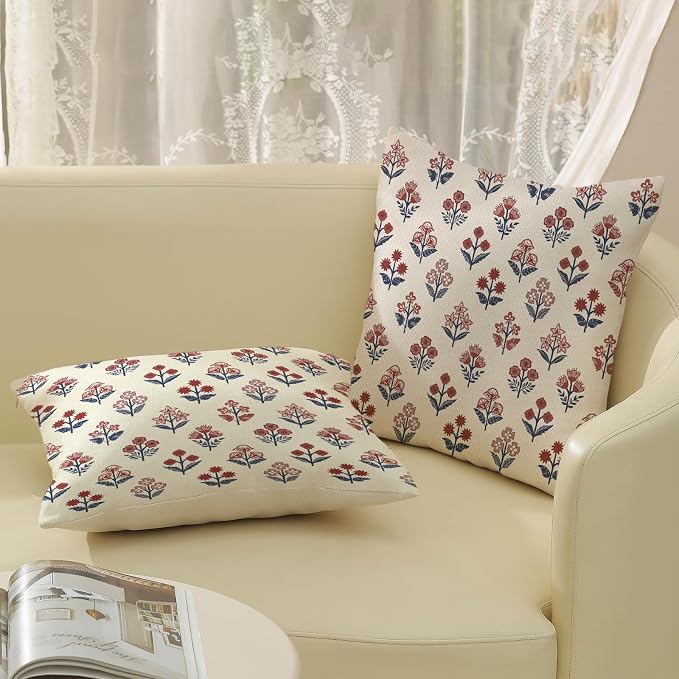 Red Blue Pillow Covers 18x18 Inch Set of 2 Patriotic 4th of July Throw Pillows Vintage Flower Boho Block Print Floral Decorative Pillow Cases Outdoor Linen Cushion Cover for Couch Sofa Decor