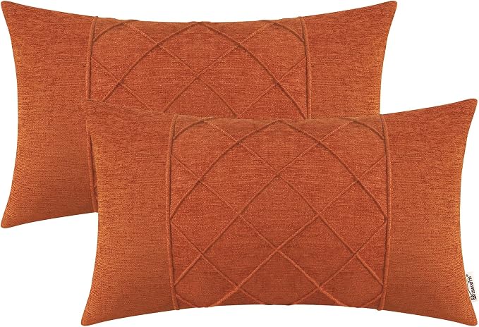 BRAWARM Chenille Throw Pillow Covers 12x20 Inches, Burnt Orange, 2 Pack | Decorative Lumbar Pleated Pillow Covers, Soft Cushion Cases for Sofa Bed Living Room Home Farmhouse (No Insert)