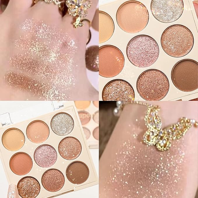 9 Colors Shimmer Eyeshadow Makeup Palette, Matte Nude Neutral Eye Shadow Palettes, Highly Pigmented Long Lasting Waterproof Blendable, sombras para ojos Pink Golden Lavender Brown Eye Glitter