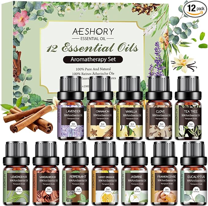 Essential Oils Set - 12 Pcs Organic Aromatherapy Essential Oil Kit for Diffuser, Humidifier, Aromatherapy, Massage, Soap, Candle Making (5mL)