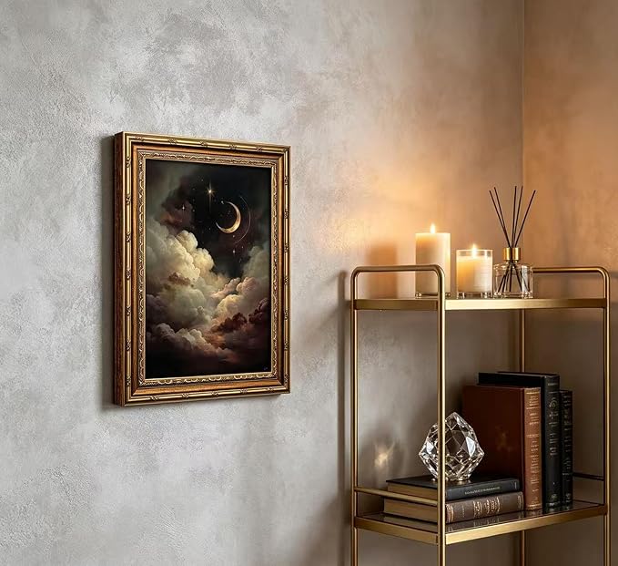 Vintage Gold Framed Celestial Wall Art, Moody Moon and Stars Gothic Painting Canvas Print, Dark Academia Wall Decor,Mystical Celestial Poster Artwork, for Living Room Bedroom Bathroom