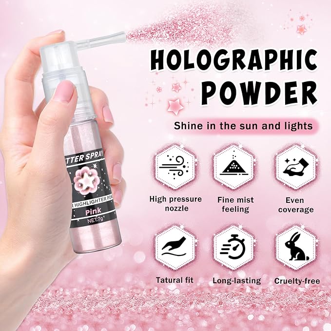 AWCCXMYM Body Glitter Spray Sparkle Hairspray Highlighter Glitter Shiny Spraay for Hair and Body,Face Glitter Powder for Halloween,Christmas,Concert Accessories Party Body Makeup(Pink)