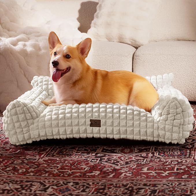 Cat Couch Bed with Fluffy Faux Rabbit Fur for Indoor Cats, 36 Inch | Cute Fuzzy Cat Sofa Recliner With Washable Cover, Suppportive Cozy Pets Couch in 3D Diamond Pattern, Off White