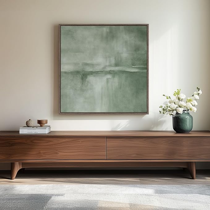 Framed Green Abstract Wall Art, Modern Sage Green Canvas Prints Artwork for Walls, Contemporary Minimalist Square Pictures for Living Room Bedroom Dining Room Hallway Office Wall Decor 30x30 In