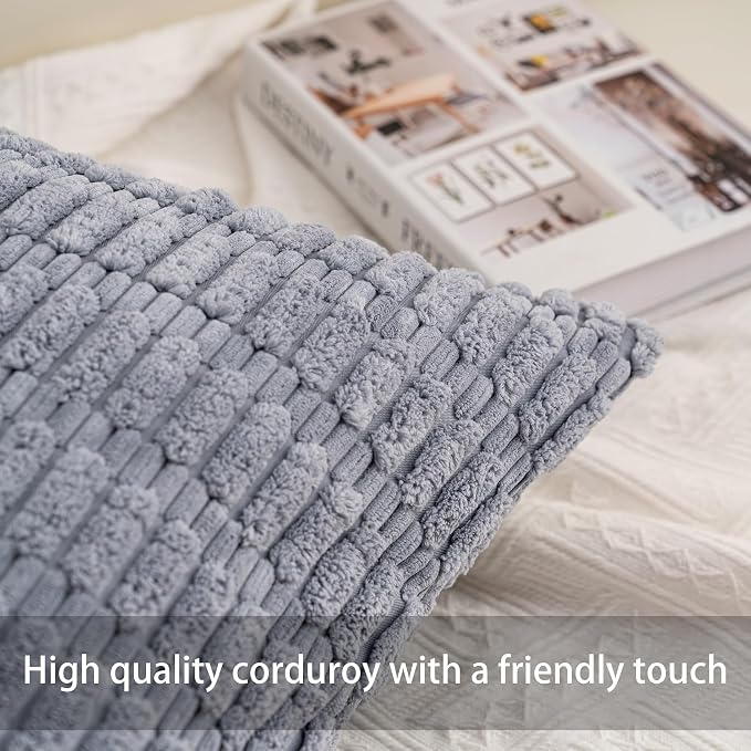 Pack of 2 Corduroy Decorative Throw Pillow Covers 16x16 Inch, Light Grey | Fall Soft Striped Pillow Covers Modern Farmhouse Home Decor Christmas Throw Pillow Covers for Sofa Living Room Couch Bed