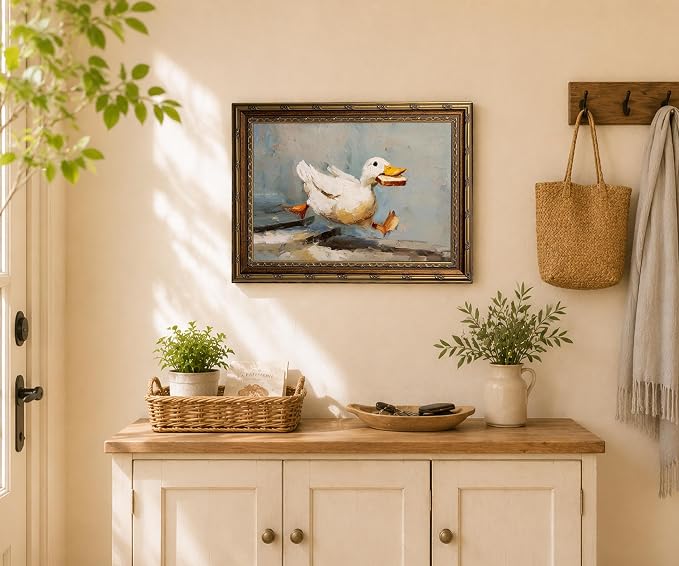 Gold Framed Funny Duck Wall Art Rustic Cottagecore Animal Wall Decor Print | Farmhouse Animal Painting Whimsical Duck Canvas Poster for Kitchen Bathroom Living Room Bedroom, 8x10 Inches