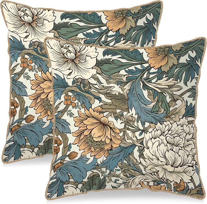 KSLIDS Vintage Flowers Soft Velvet Throw Pillow Covers Set of 2 Floral Plant Leaves Decorative Pillow Covers 16x16 Inch Yellow White Flowers Pillow Case for Sofa Couch Bedroom Farmhouse Home Decor