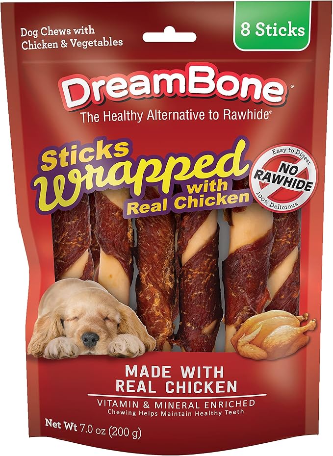 DreamBone Stick Wrapped With Chicken Rawhide-Free Dog Treat, 8 Ct (24 Pack) | Daily Chew, Digests Safely and Completely, Made With Real Protein, Chicken and Veggies, For Adult Dogs