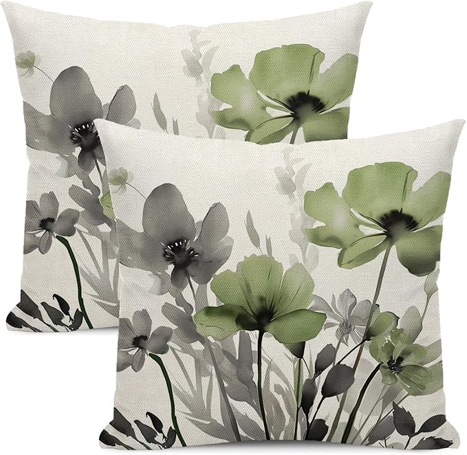 Spring Floral Pillow Covers 18x18 Inches Set of 2 Gray Sage Green Floral Throw Pillow Covers Outdoor Rustic Summer Flower Decoration Pillowcase Farmhouse Decorative Cushion Cover For Home Sofa