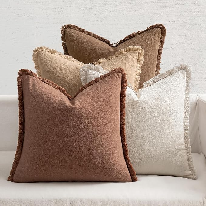 MIULEE Fall Linen Fringe Pillow Covers Set of 4 24x24 Beige/Brown | Boho Farmhouse Decorative Throw Pillow Covers, Neutral Euro Rustic Cushion Cases, for Couch Sofa Bed Living Room Home Decor