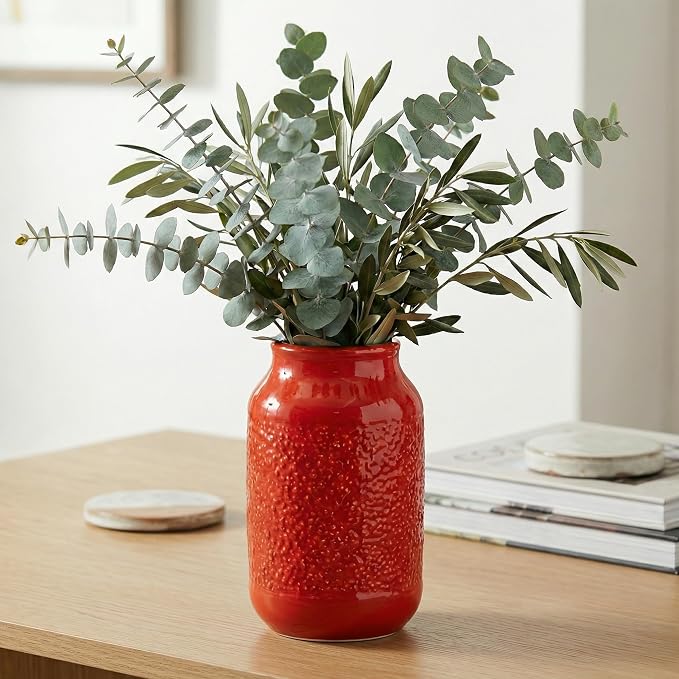 Red Ceramic Vase for Home Decor - 9 Inch Boho Modern Flower Vase for Pampas Grass, Pottery Decorative Vases for Centerpiece, Living Room, Mantle, Bookshelf, Table Decor
