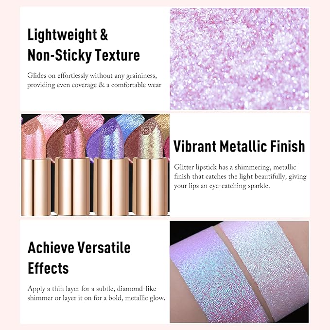 Glitter Lipstick Makeup, Rose Purple Holographic Metallic Lip Stick Long Lasting Lightweight Non-Sticky Hydrating Lip Tinted Full Coverage High-Shine Sparkling Chameleon Lipstick for Women