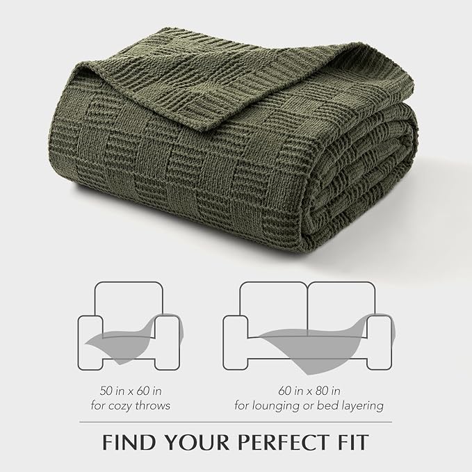 EVERGRACEHOME Modern Checkered Chenille Throw Blanket, 60x80, Olive Green | Lightweight Warmth, All-Season Breathability, OEKO-TEX certified, Timeless Grid Pattern, Farmhouse Throw for Couch, Bed, Sofa