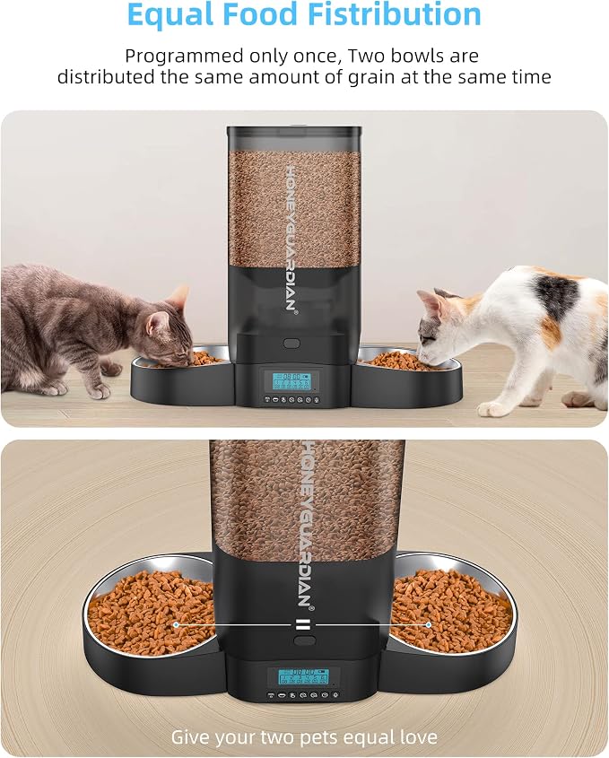 HoneyGuaridan 5L Automatic Cat Feeder for 2 Cats,Timed Dry Food Cat Feeder | Cat Food Dispenser with Stainless Steel Bowl, Prevent Fighting, Precise Portion, Blanced Dispense, Voice Recorder