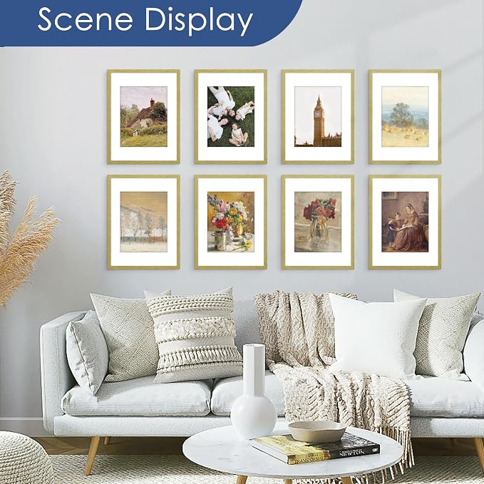 12x16 Picture Frame Set of 6, Wall Mount Display, Gold | Display Pictures 8.5x11 with Mat or 12x16 Without Mat, Horizontal or Vertical, Gallery Wall Frame Set, Wedding Birthday Gifts