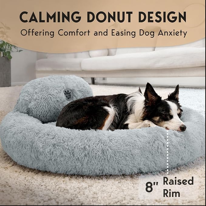 PetJett Dog Beds Large Sized Dog - 36'' Calming Round Bed, Washable Dog Bed - Anti-Slip Super Soft Donut Bed, Fluffy Faux Fur Anti-Anxiety Premium Comfort Pet Bed, Fits Dogs up to 80 lbs - Bright Grey
