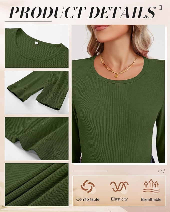 Ficerd 3 Pack Women's Ribbed Long Sleeve Tops, Crew Neck Slim Fit Undershirts Knit Basic Casual Stretch Layering Tee Shirts