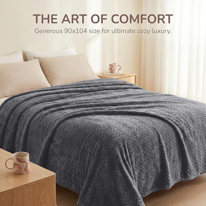 Exclusivo Mezcla Soft Fleece Blanket Twin Size for Bed, Sofa, Dark Grey | 90"x66" Breathable Lightweight Flannel Blanket for Summer, Plush Cozy Jacquard Wave for Home Decor