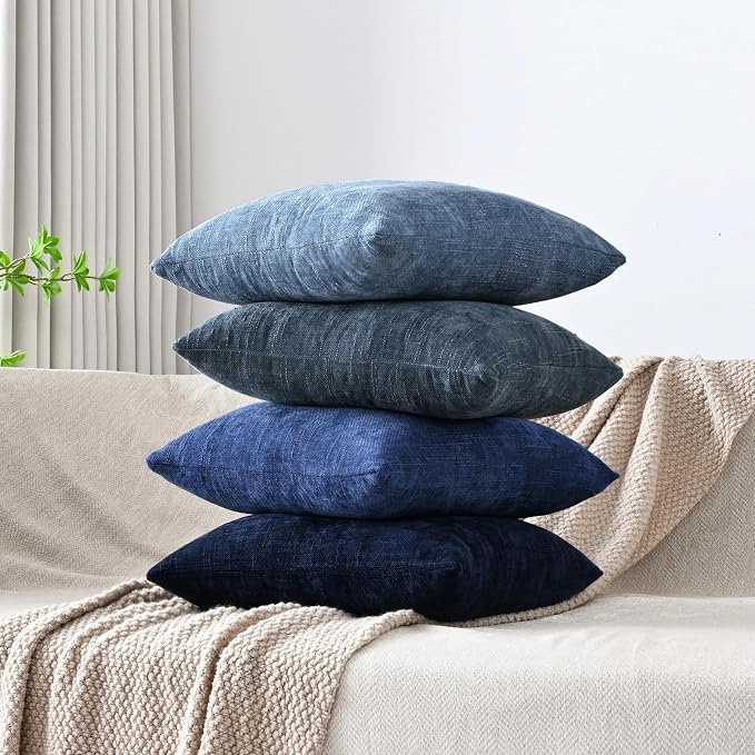 Set of 4 Soft Textured Decorative Throw Pillow Covers 18x18 Inch Cozy Farmhouse Cushion Cover Square Accent Pillow Cases for Bed Couch Sofa Living Room, Blue Series