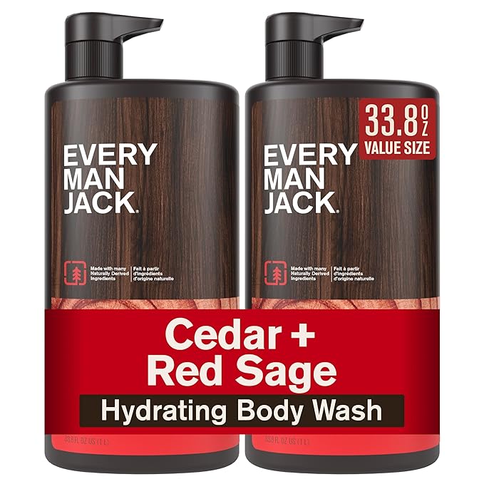 Every Man Jack Cedar + Red Sage Mens Body Wash for All Skin Types - Cleanse, Hydrate, and Smell Great - Free of Parabens, Phtalates, and Dyes - 33.8 fl oz (2 Pack)