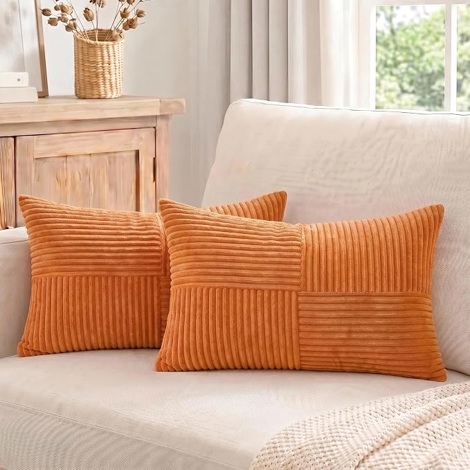 Fancy Homi 2 Packs Burnt Orange Lumbar Decorative Throw Pillow Covers 12x20 Inch for Living Room Couch Bed Sofa, Farmhouse Boho Home Decor, Soft Striped Corduroy Rectangle Accent Cushion Case 30x50 cm