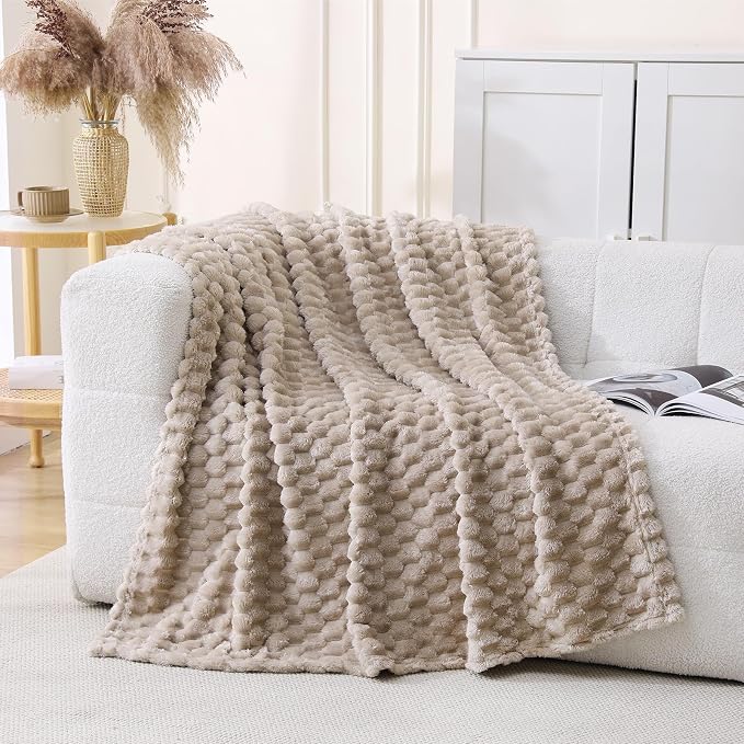 Beige Fleece Throw Blanket 60”×80” for Couch Sofa Bed Super Soft Cozy Plush Microfiber Flannel Blanket with 3D Jacquard Decorative Lightweight for Mom Woman