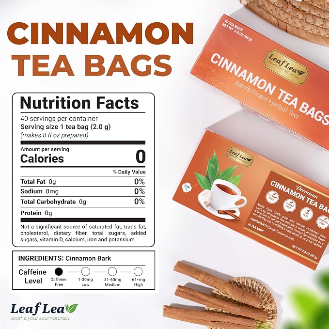 LeafLea Pure Cinnamon Tea Bags, Naturally Sweet, Caffeine-Free, 40 Count | Single-Ingredient Ground Cinnamon, No Added Sugar, Individually Foil-Wrapped For Fresh Aroma, Vegan, Non-GMO