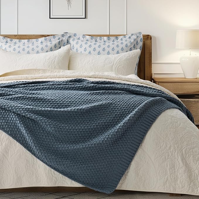 EVERGRACEHOME Chunky Chenille Knit Throw Blanket, 60 x 80, Stormy Blue | Sculpted Moss Stitch, Chic Modern Farmhouse, All-Season Warmth, OEKO-TEX® Certified, Elegant Blanket for Couch, Bed, Sofa